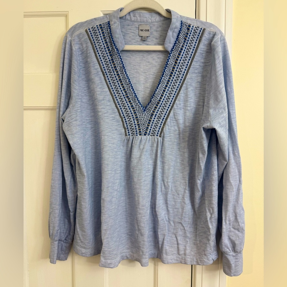 NIC+ZOE Soft Blue and White Cotton Blouse